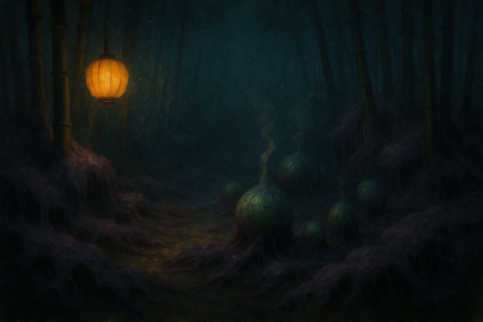 Illustration : une clairière de bambous envahie par le mildiou et des spores luminescentes, éclairée par une lanterne dorée