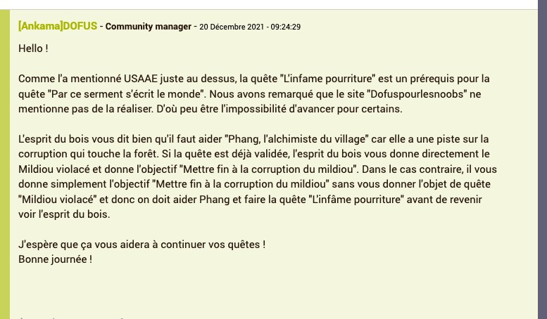 Message du community manager Ankama du 20 décembre 2021 expliquant que L'infâme pourriture est un prérequis de la quête Par ce serment s'écrit le monde