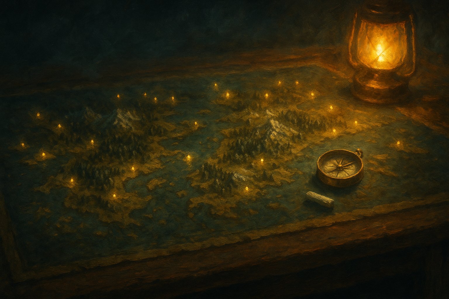 Carte du Monde des Douze déployée sur une table, parsemée de marqueurs lumineux dorés