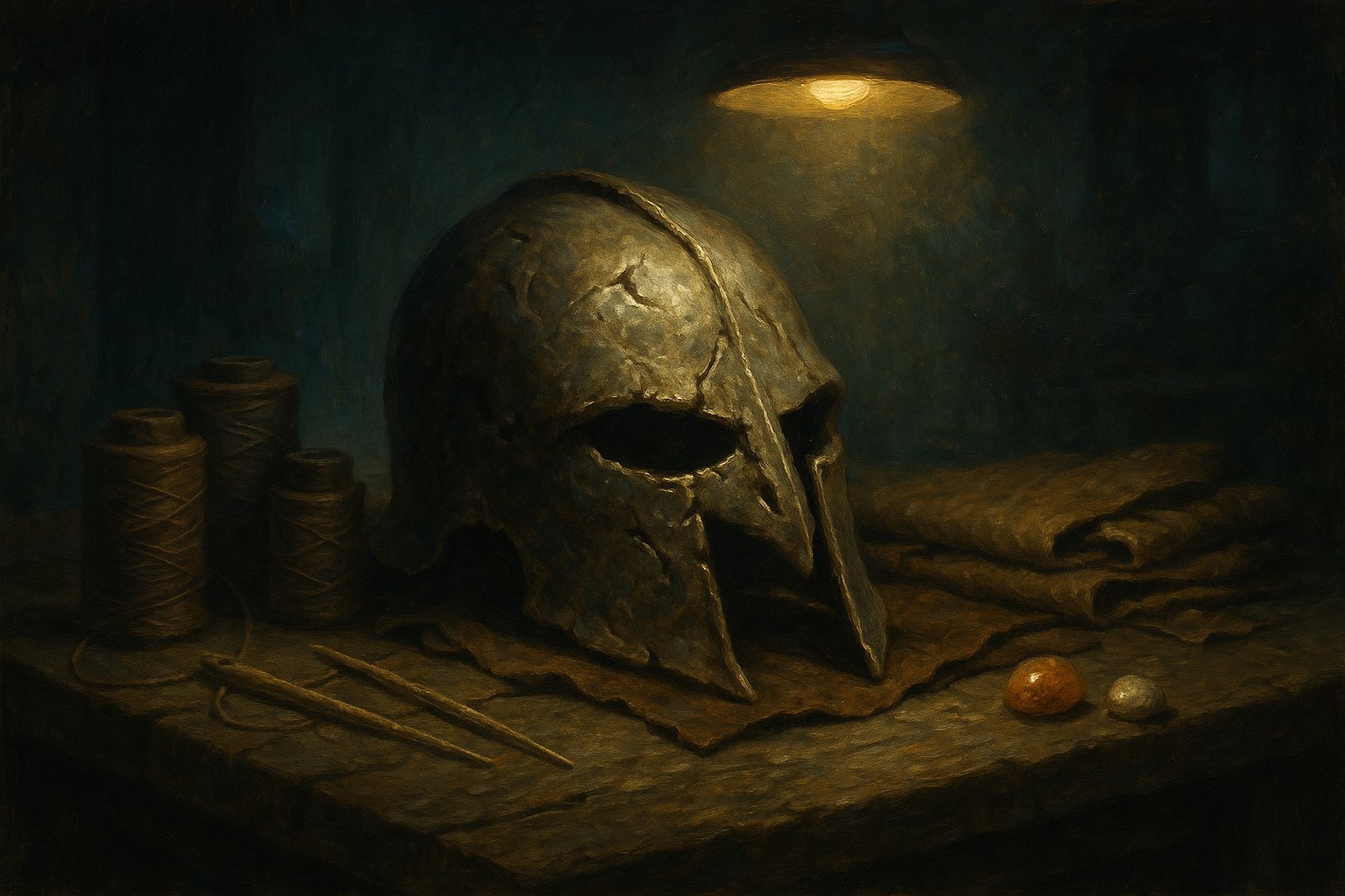 Vieux casque de guerrier cabossé posé sur l'établi d'un tailleur, éclairé par une lampe dorée