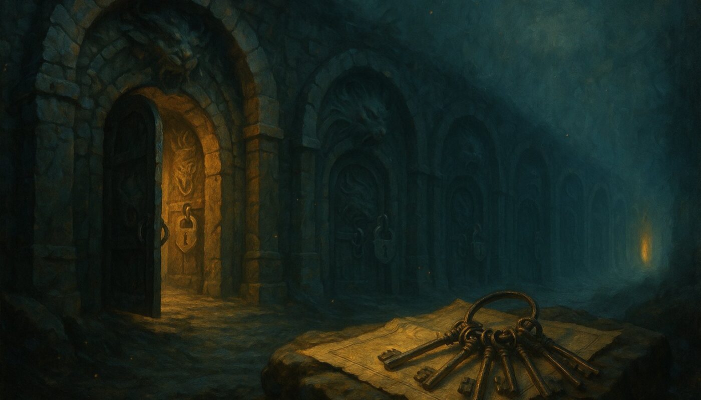 Rangée de portes de donjon verrouillées s'enfonçant dans la brume, avec un trousseau de clefs posé sur une carte