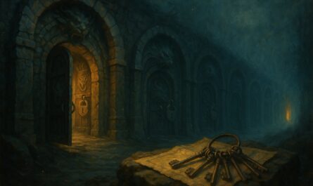 Rangée de portes de donjon verrouillées s'enfonçant dans la brume, avec un trousseau de clefs posé sur une carte