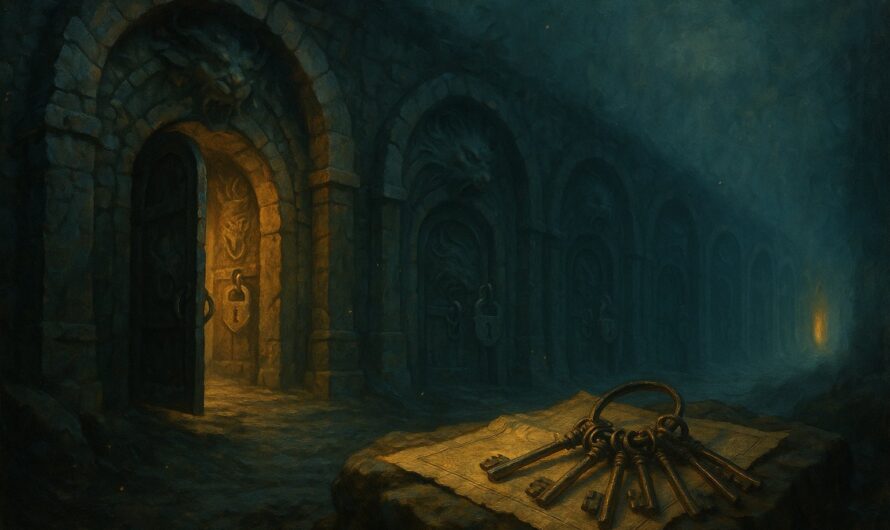 Rangée de portes de donjon verrouillées s'enfonçant dans la brume, avec un trousseau de clefs posé sur une carte