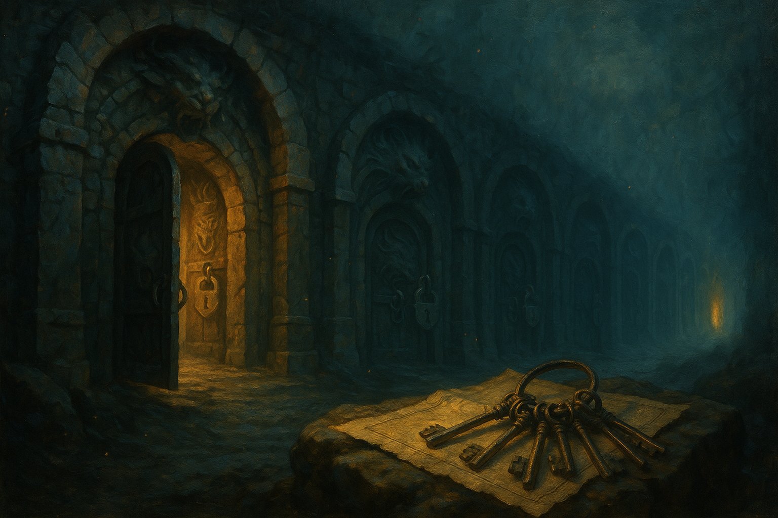 Rangée de portes de donjon verrouillées s'enfonçant dans la brume, avec un trousseau de clefs posé sur une carte