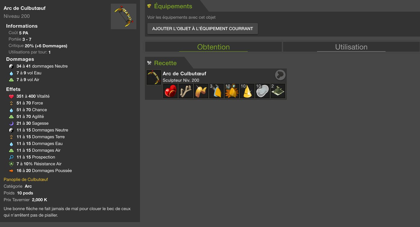 Capture de la fiche DofusDB de la recette de l Arc de Culbutoeuf, sculpteur niveau 200, avec ses huit emplacements d ingredients dont le Coeur de Culbutoeuf