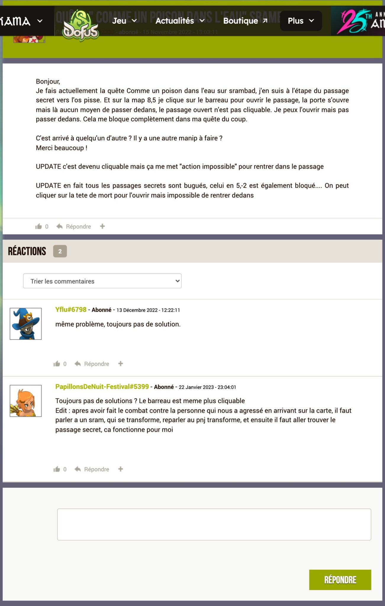 Fil du forum officiel Dofus : blocage de la grille de l’Os-Pisse et parade publiée le 22 janvier 2023