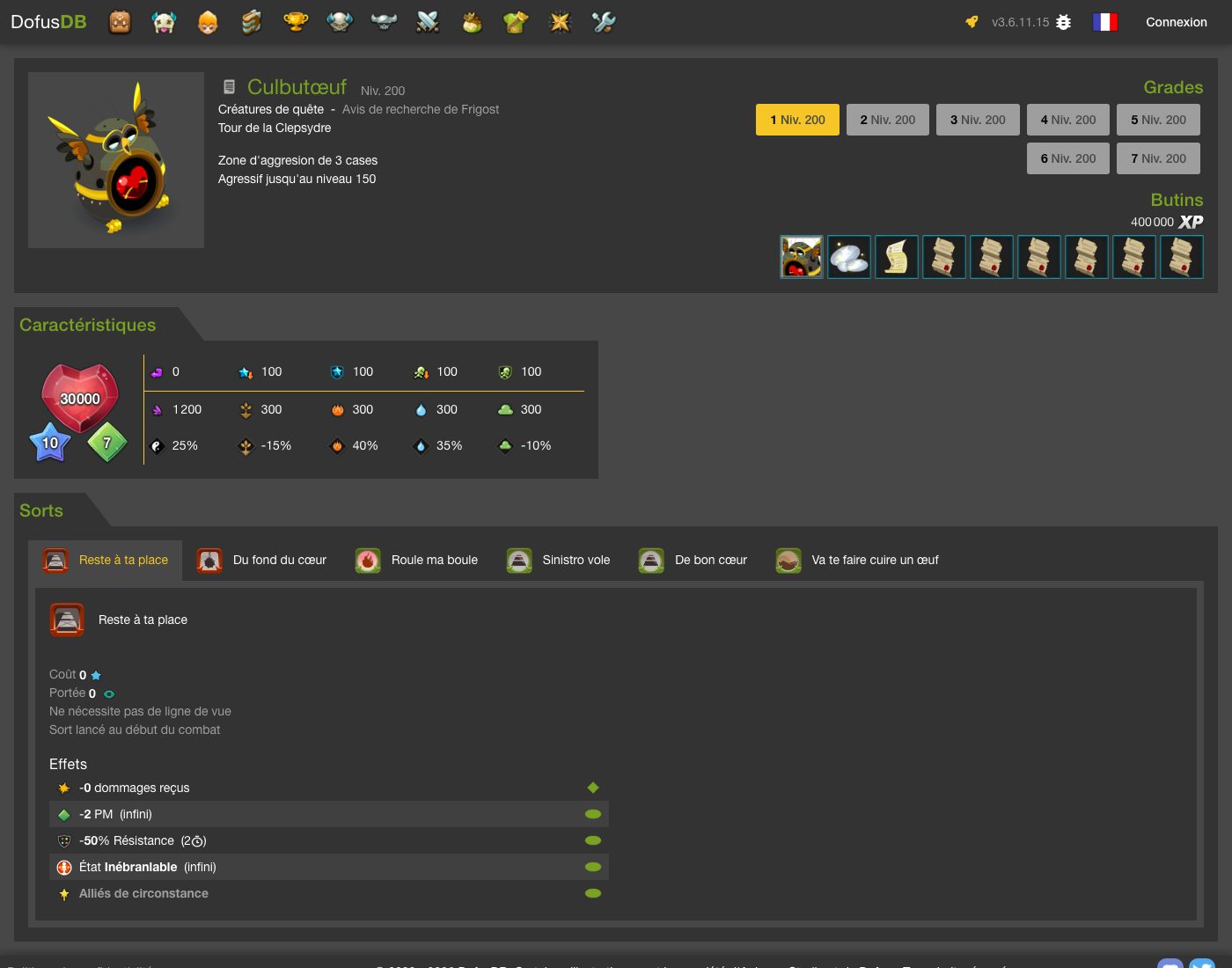 Capture de la fiche DofusDB du monstre Culbutoeuf niveau 200 avec 30000 PV, 10 PA, 7 PM, ses résistances et ses six sorts
