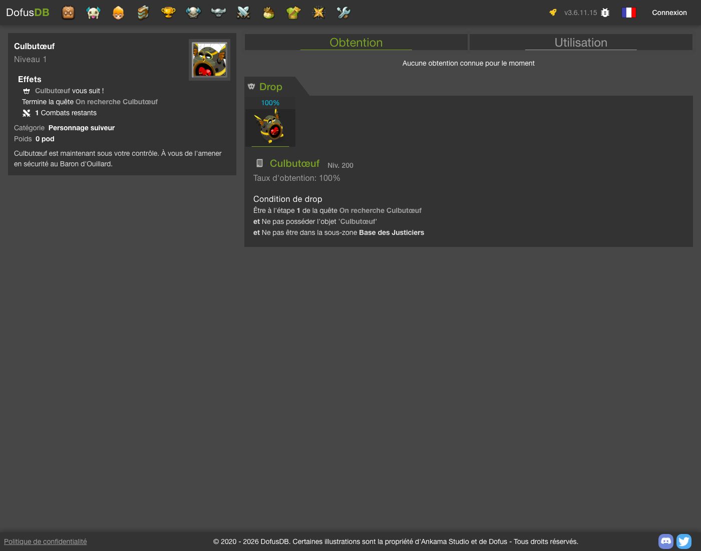 Capture de la fiche DofusDB de l objet Culbutoeuf personnage suiveur avec un combat restant et ses trois conditions de drop a l etape 1 de la quete