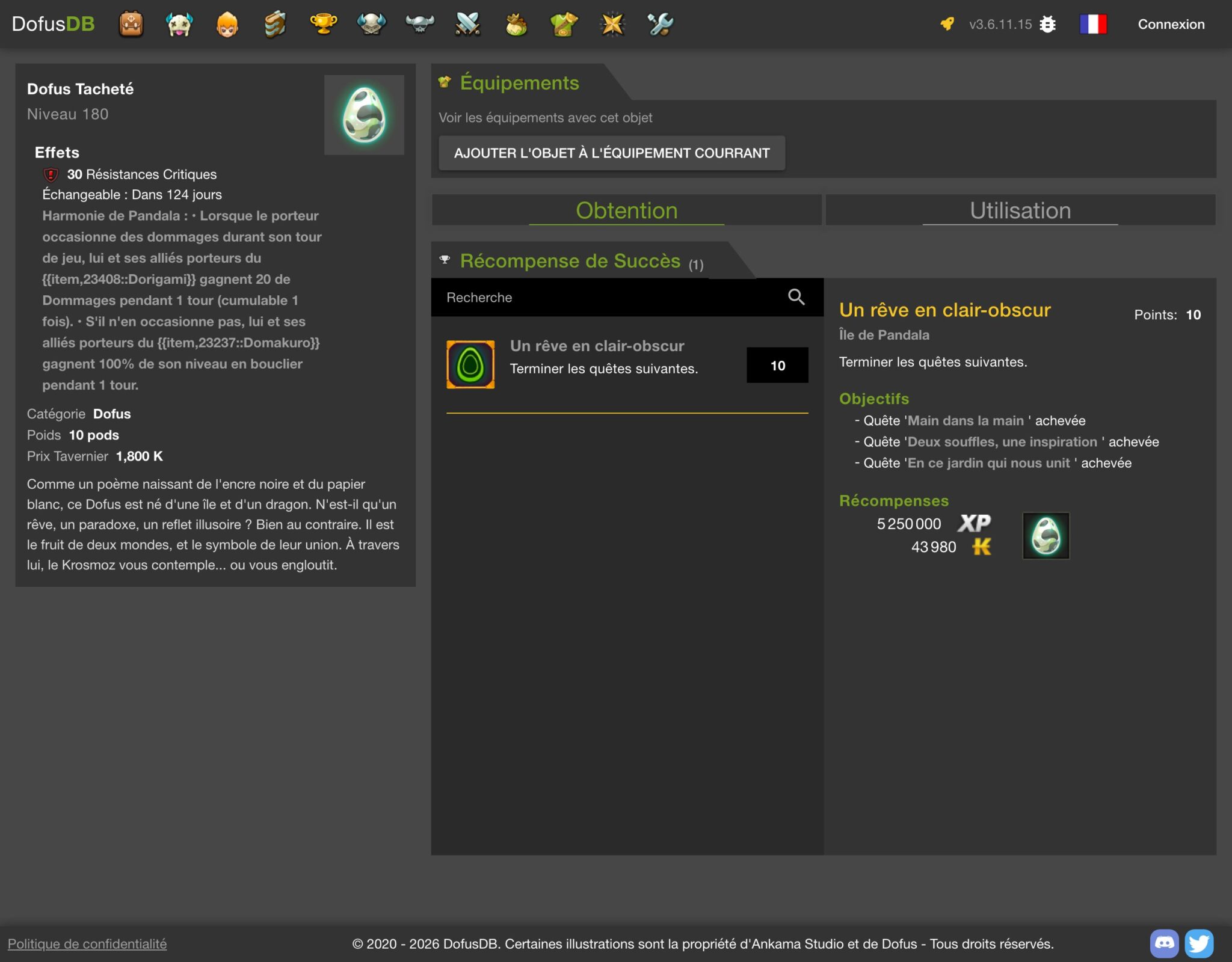 Effet Harmonie de Pandala du Dofus Tacheté sur DofusDB : bonus de dommages avec le Dorigami et de bouclier avec le Domakuro