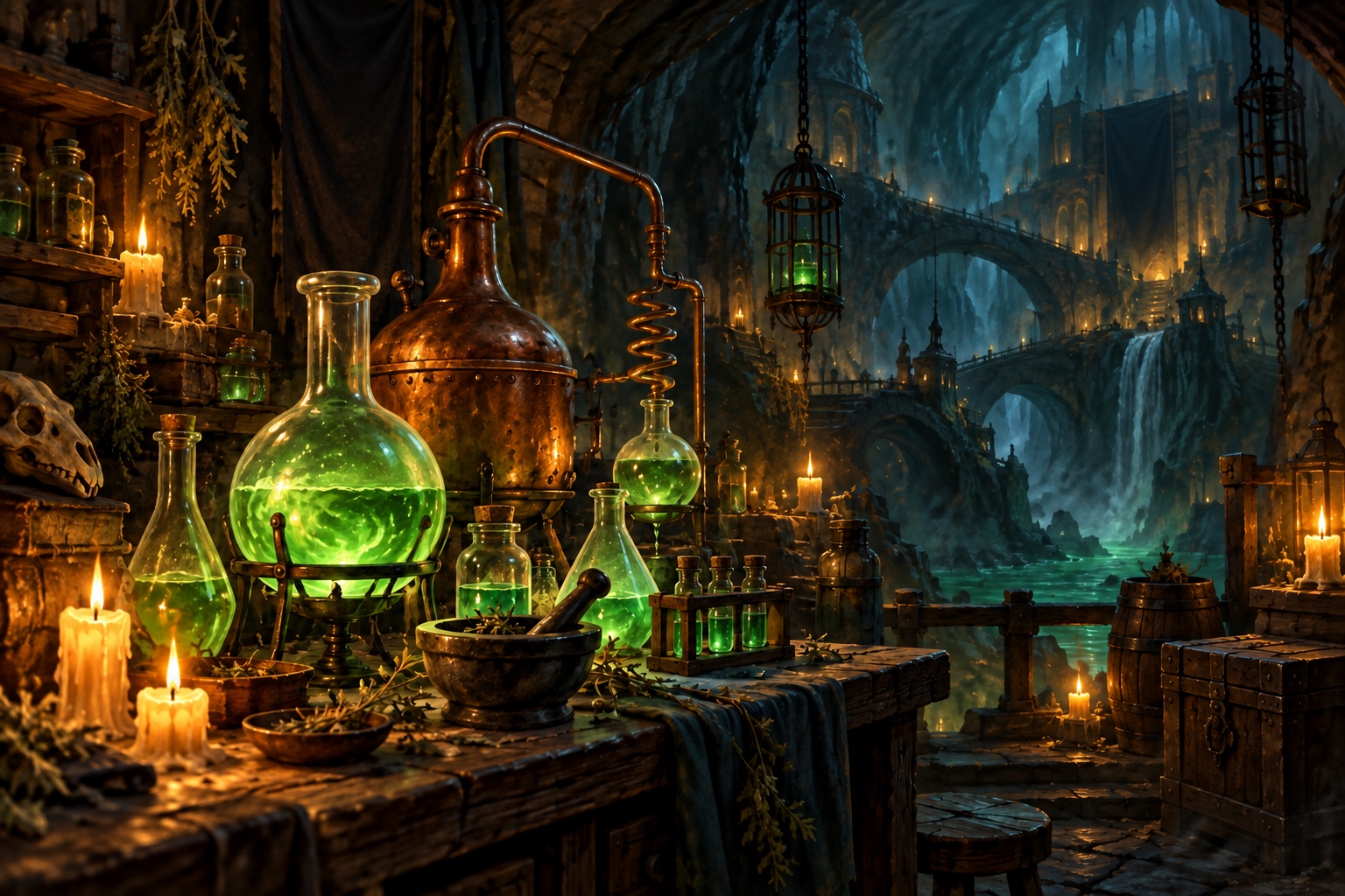 Fioles et alambic d’un laboratoire d’alchimiste dans les Catacombres de Srambad (illustration)