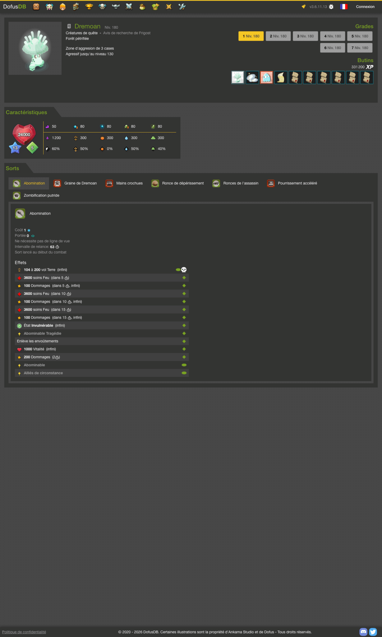Fiche Dremoan sur DofusDB en version 3.6.11.13 : niveau 180, 24 000 PV, 13 PA, 5 PM, résistances 60 50 0 50 40 et fixes 300