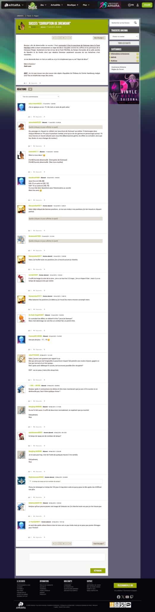 Fil du forum officiel Dofus d'avril 2013 sur le succès Corruption de Dremoan : positions des arbustes et effets de la pourriture détaillés par les joueurs