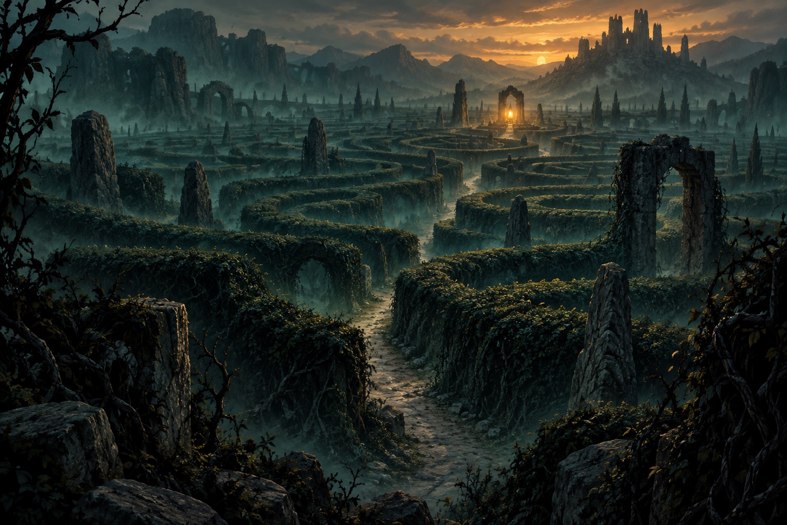 Le Labyrinthe du Dragon Cochon : sentiers de haies sombres et de pierres levées noyés dans la brume, lanterne dorée au loin, ombres cyan