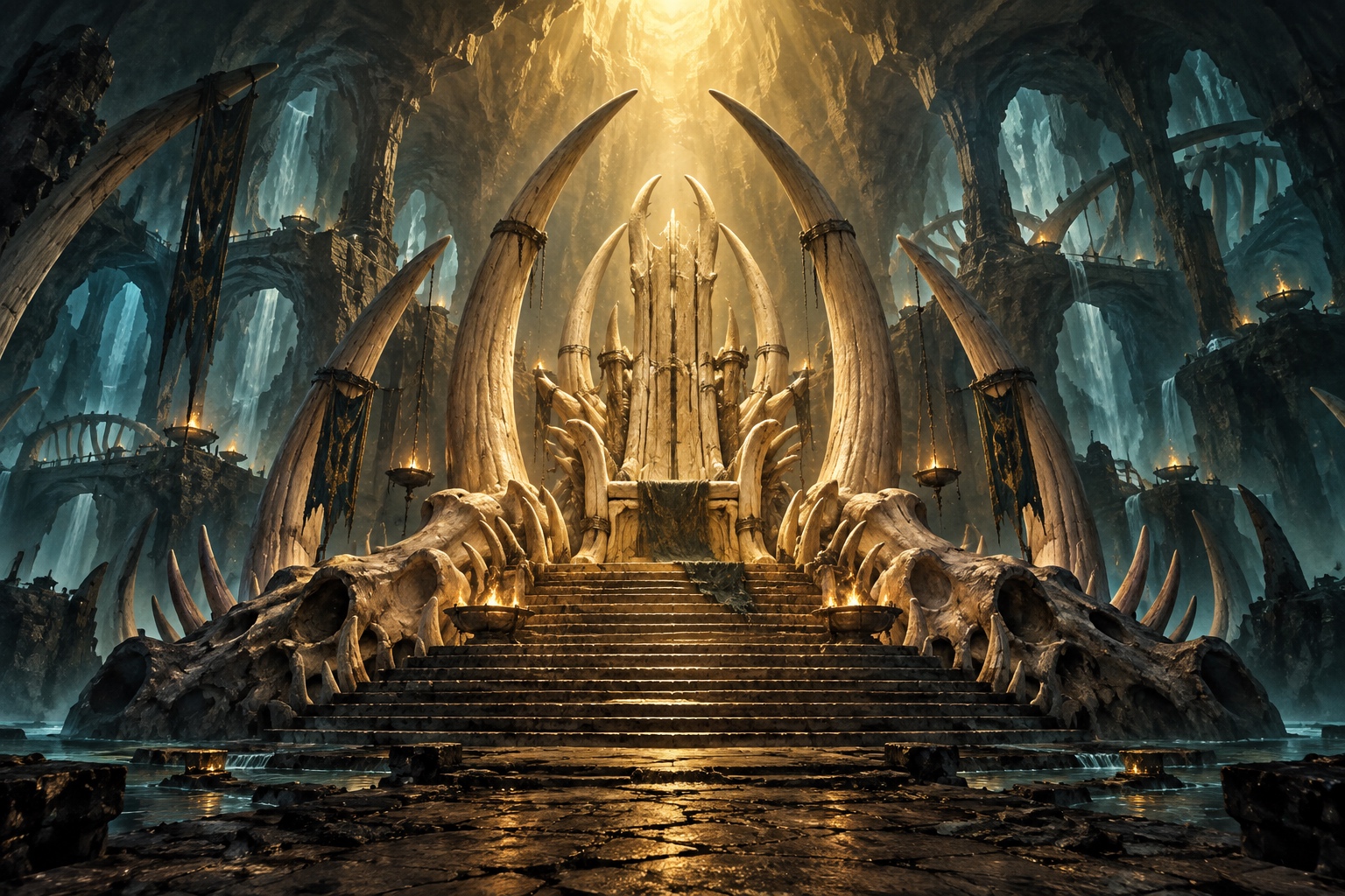 La Salle du trône du Dragon Cochon : trône monumental d'os et de défenses baigné d'une lumière dorée, colonnes dans la pénombre cyan