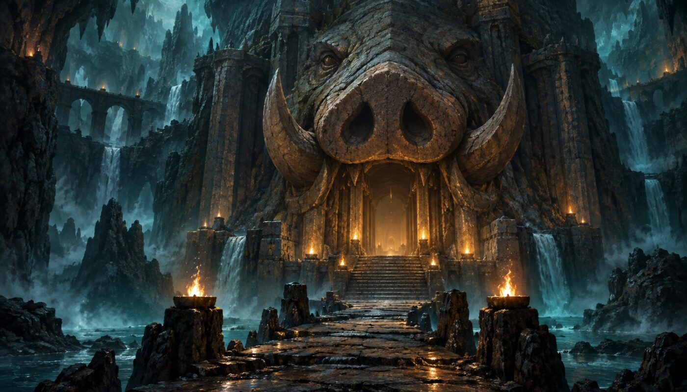 Entrée monumentale de l'Antre du Dragon Cochon sur Dofus : un groin colossal sculpté dans la roche sombre, éclairé d'une lueur dorée