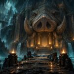 Entrée monumentale de l'Antre du Dragon Cochon sur Dofus : un groin colossal sculpté dans la roche sombre, éclairé d'une lueur dorée