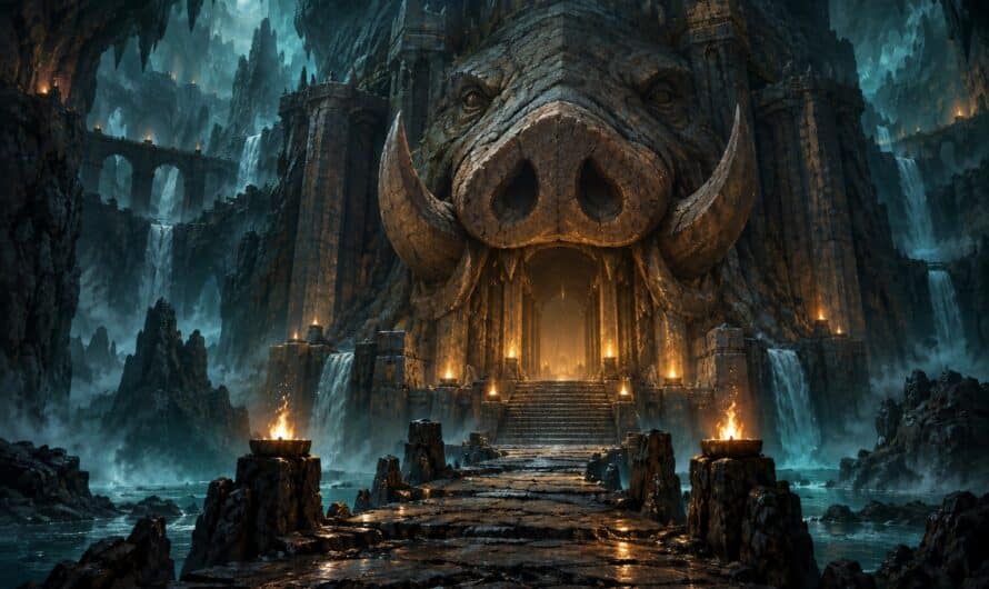 Entrée monumentale de l'Antre du Dragon Cochon sur Dofus : un groin colossal sculpté dans la roche sombre, éclairé d'une lueur dorée