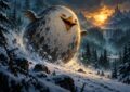 Creature oeuf fantastique roulant dans une foret hivernale sombre, lumiere doree, illustration de l avis de recherche Culbutoeuf sur Dofus