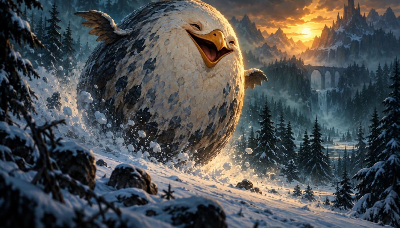 Creature oeuf fantastique roulant dans une foret hivernale sombre, lumiere doree, illustration de l avis de recherche Culbutoeuf sur Dofus
