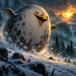Creature oeuf fantastique roulant dans une foret hivernale sombre, lumiere doree, illustration de l avis de recherche Culbutoeuf sur Dofus