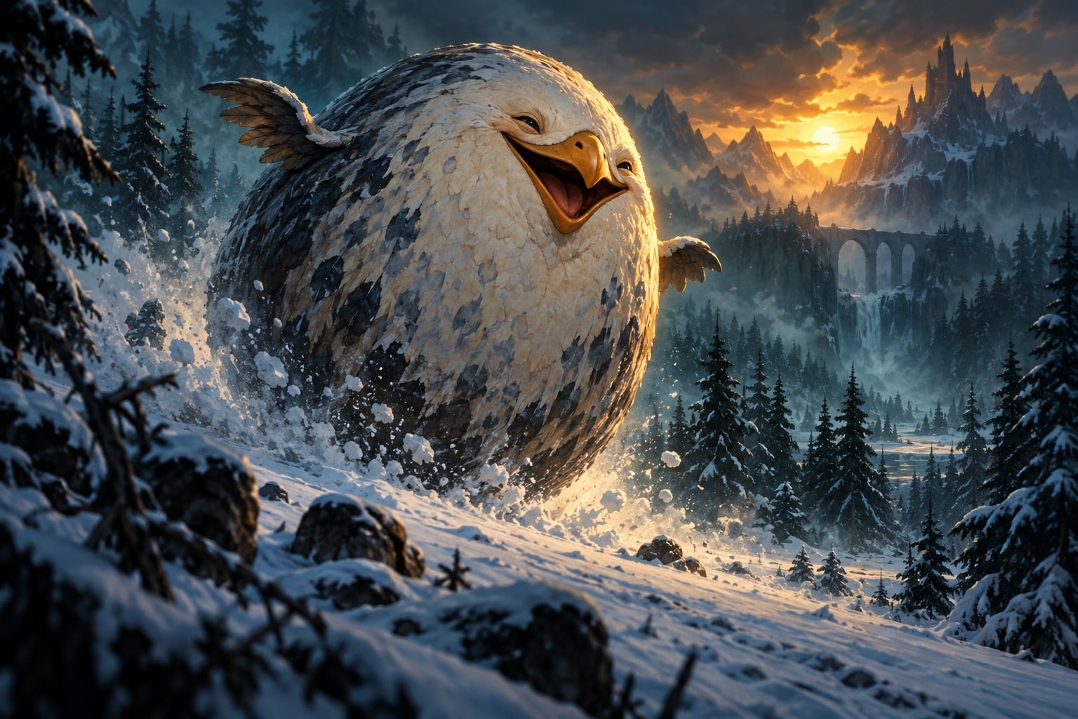 Creature oeuf fantastique roulant dans une foret hivernale sombre, lumiere doree, illustration de l avis de recherche Culbutoeuf sur Dofus