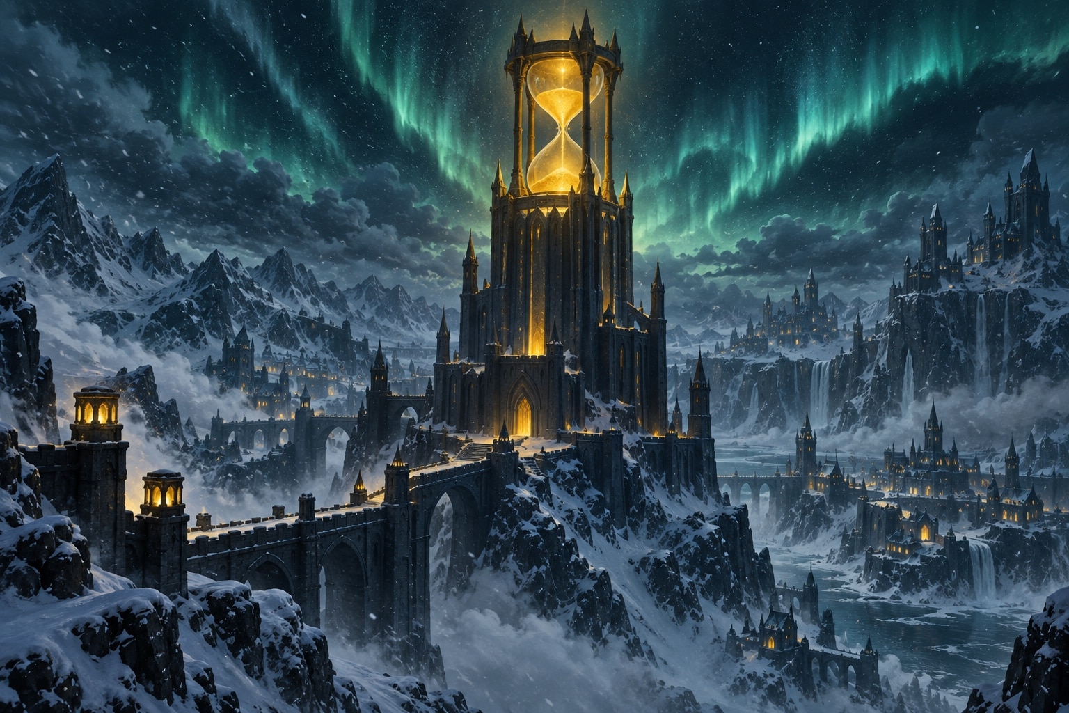 Tour gothique sombre surmontee d un sablier dore lumineux au dessus d une cite de glace, illustration de la Tour de la Clepsydre de Frigost dans Dofus