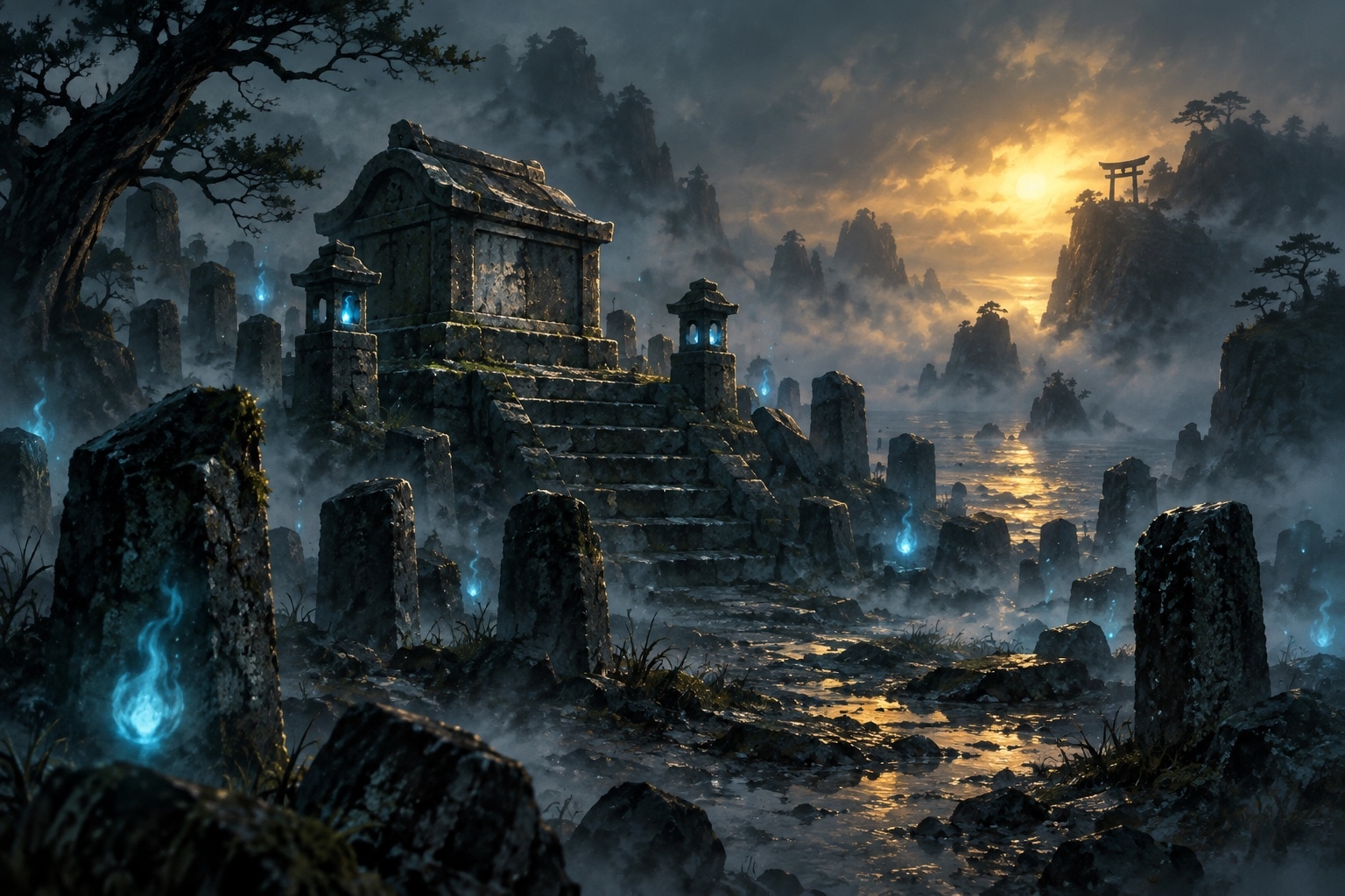 Tombe ancienne d’un shogun dans la brume d’une île fantôme, lanternes spectrales, illustration key-art OverGame