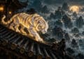 Tigre de papier aux plis dorés sur le toit d’un temple de Pandala, illustration key-art OverGame pour le guide du Dorigami