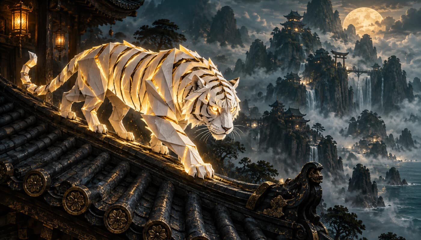 Tigre de papier aux plis dorés sur le toit d’un temple de Pandala, illustration key-art OverGame pour le guide du Dorigami