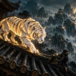 Tigre de papier aux plis dorés sur le toit d’un temple de Pandala, illustration key-art OverGame pour le guide du Dorigami