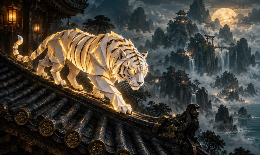 Tigre de papier aux plis dorés sur le toit d’un temple de Pandala, illustration key-art OverGame pour le guide du Dorigami