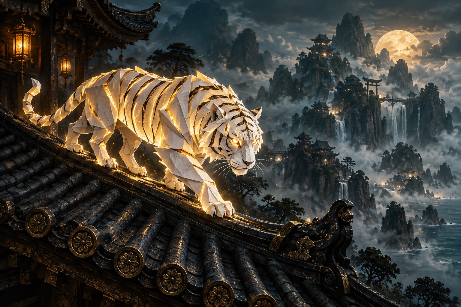 Tigre de papier aux plis dorés sur le toit d’un temple de Pandala, illustration key-art OverGame pour le guide du Dorigami