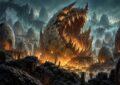 Illustration originale : créature draconnique colossale surgissant d un village d oeufs de pierre, lumière dorée et brume cyan