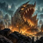 Illustration originale : créature draconnique colossale surgissant d un village d oeufs de pierre, lumière dorée et brume cyan