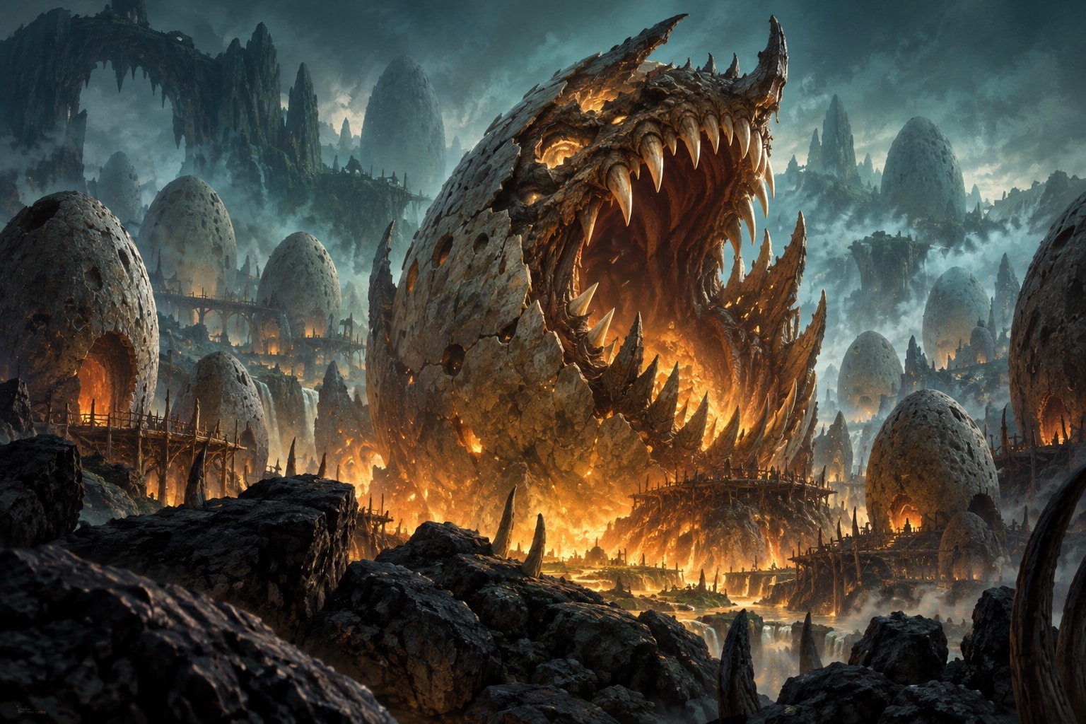 Illustration originale : créature draconnique colossale surgissant d un village d oeufs de pierre, lumière dorée et brume cyan