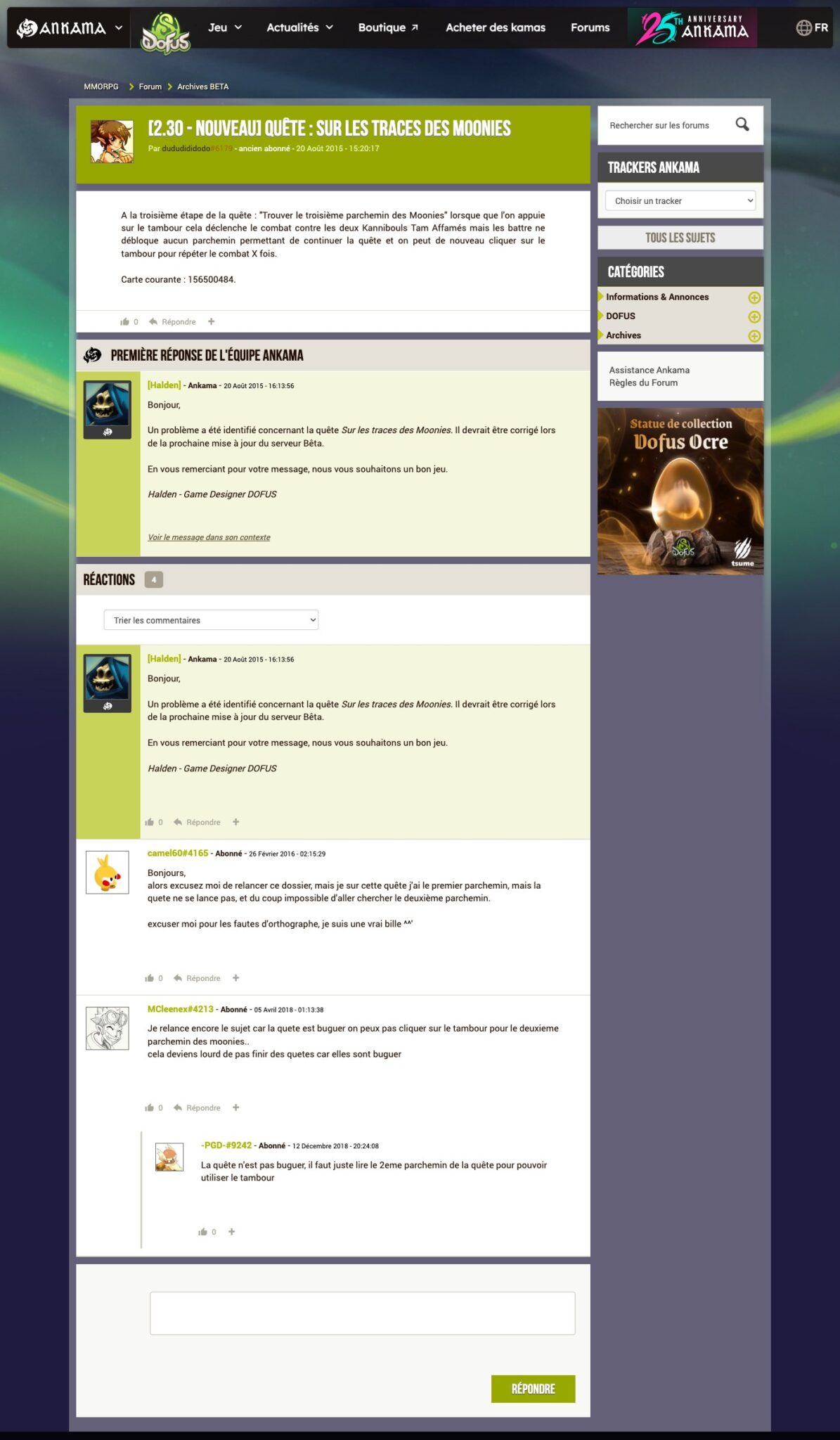 Fil du forum officiel Dofus du 20 août 2015 sur le bug de la quête Sur les traces des Moonies avec la réponse de l’équipe Ankama signée Halden