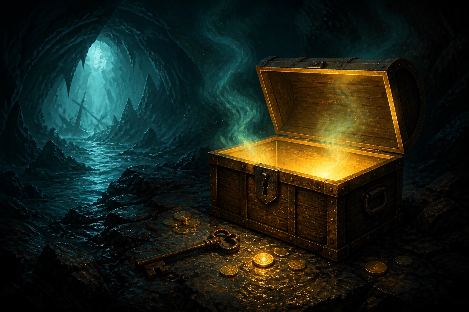 Illustration d’un coffre au trésor ouvert et vide dans une caverne sombre, seule une lueur dorée et une clef rouillée sortent du coffre