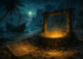 Illustration de la chasse au tresor de la quete Sur les traces des Moonies sur l ile de Moon dans Dofus: un puits ancien luit d une lumiere doree sur une plage nocturne pres d un bateau naufrage