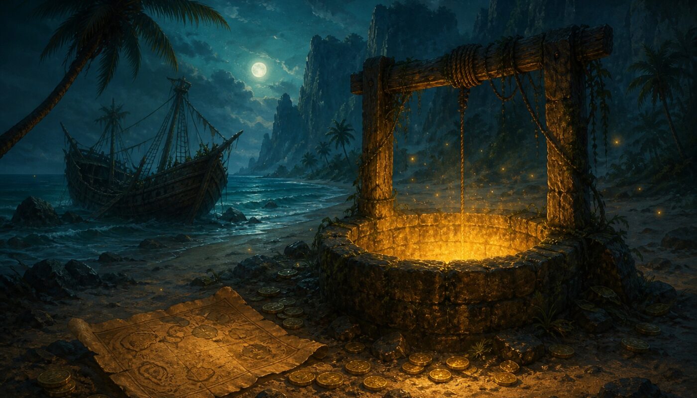 Illustration de la chasse au tresor de la quete Sur les traces des Moonies sur l ile de Moon dans Dofus: un puits ancien luit d une lumiere doree sur une plage nocturne pres d un bateau naufrage