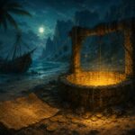 Illustration de la chasse au tresor de la quete Sur les traces des Moonies sur l ile de Moon dans Dofus: un puits ancien luit d une lumiere doree sur une plage nocturne pres d un bateau naufrage