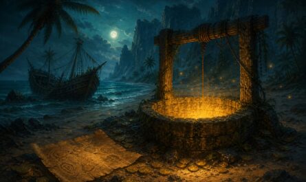Illustration de la chasse au tresor de la quete Sur les traces des Moonies sur l ile de Moon dans Dofus: un puits ancien luit d une lumiere doree sur une plage nocturne pres d un bateau naufrage