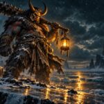 Musha l'Oni Dofus : silhouette d'oni cornue au gourdin sur la berge gelée de la Baie de Cania, lanterne dorée et ombres bleutées