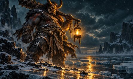 Musha l'Oni Dofus : silhouette d'oni cornue au gourdin sur la berge gelée de la Baie de Cania, lanterne dorée et ombres bleutées