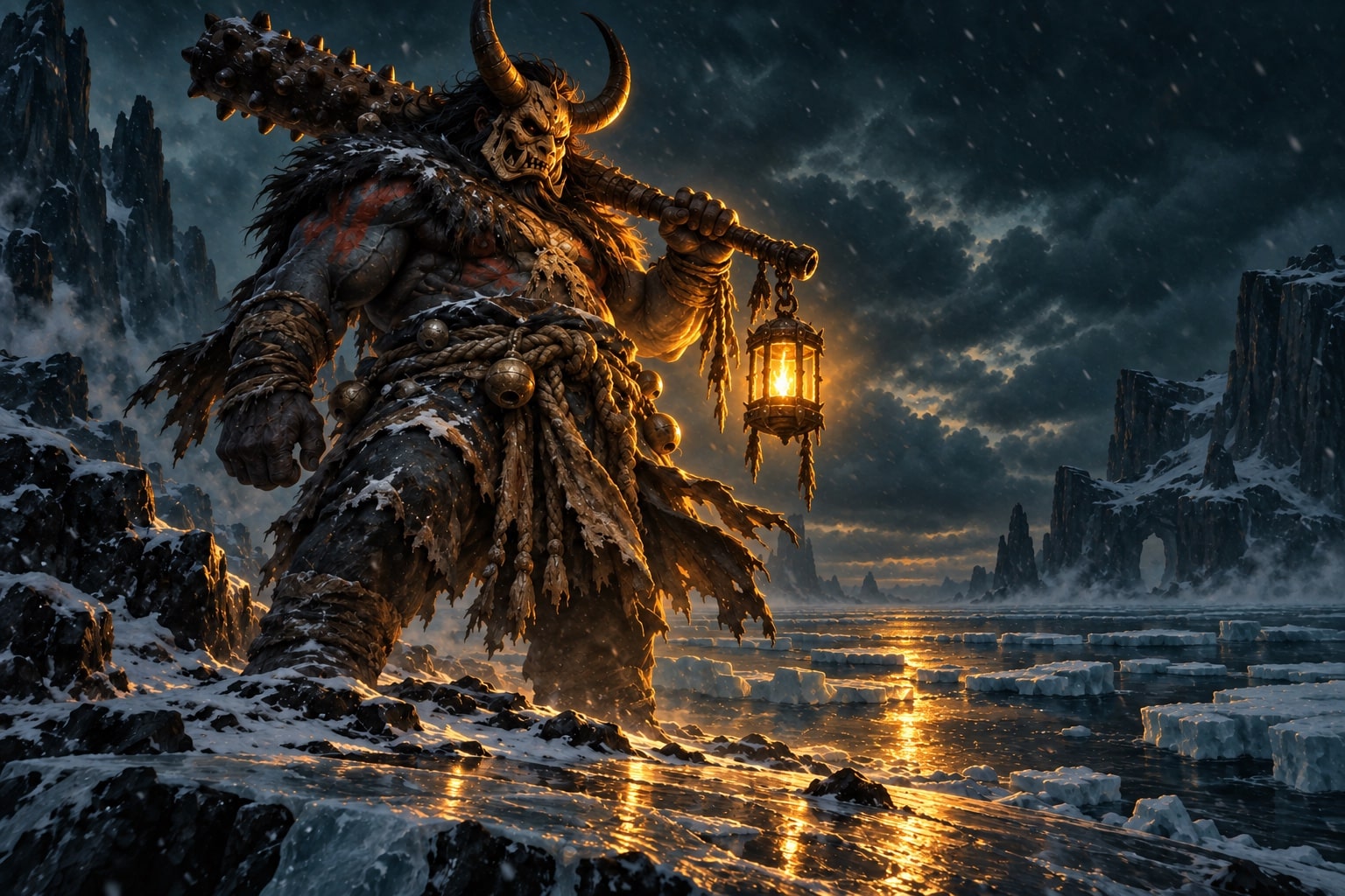 Musha l'Oni Dofus : silhouette d'oni cornue au gourdin sur la berge gelée de la Baie de Cania, lanterne dorée et ombres bleutées