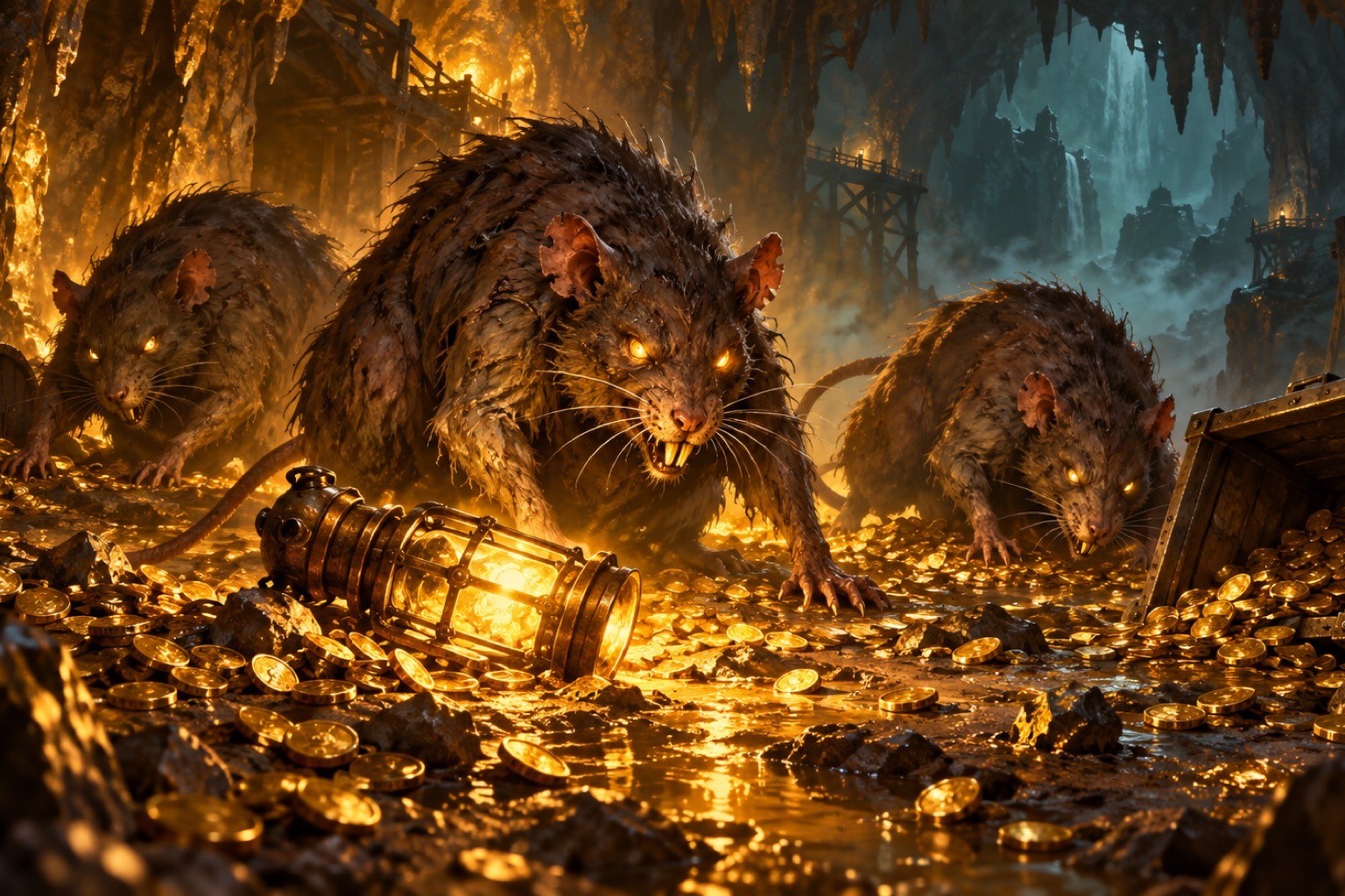 Illustration de l'embuscade dans la mine : trois rats géants aux yeux amber tournant autour d'une lanterne dorée renversée, brume cyan en fond de caverne