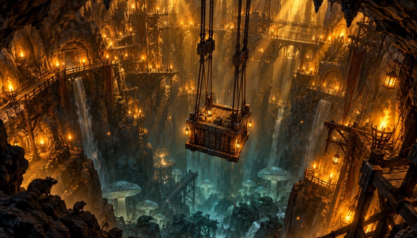 Illustration originale : un puits de mine plongeant dans les souterrains, eclaire de torches a la lumiere doree