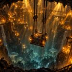 Illustration originale : un puits de mine plongeant dans les souterrains, eclaire de torches a la lumiere doree