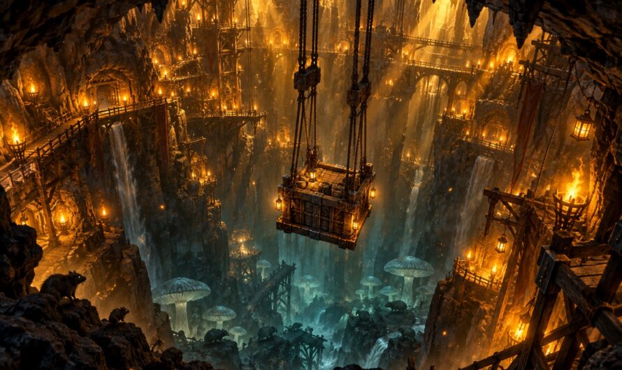 Illustration originale : un puits de mine plongeant dans les souterrains, eclaire de torches a la lumiere doree