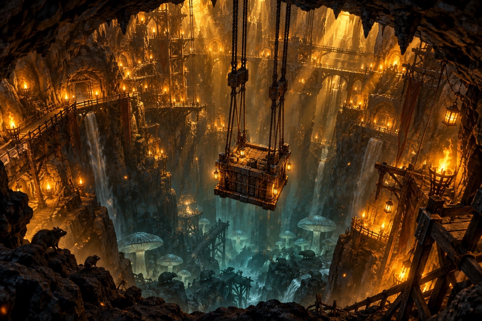 Illustration originale : un puits de mine plongeant dans les souterrains, eclaire de torches a la lumiere doree
