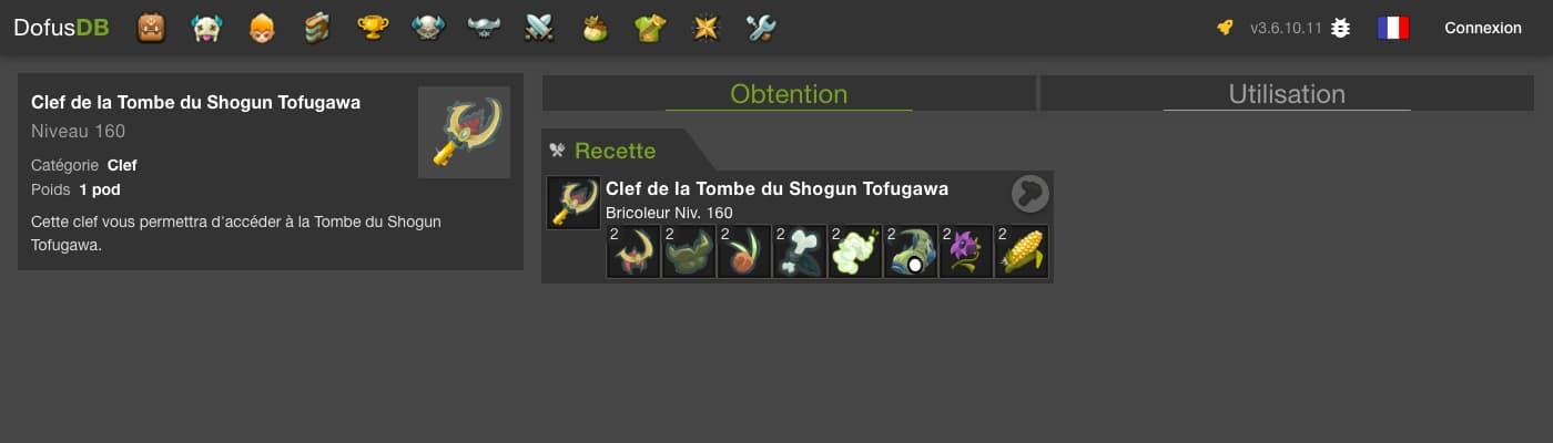 Recette de la Clef de la Tombe du Shogun Tofugawa sur DofusDB : huit ingrédients en deux exemplaires, Bricoleur niveau 160